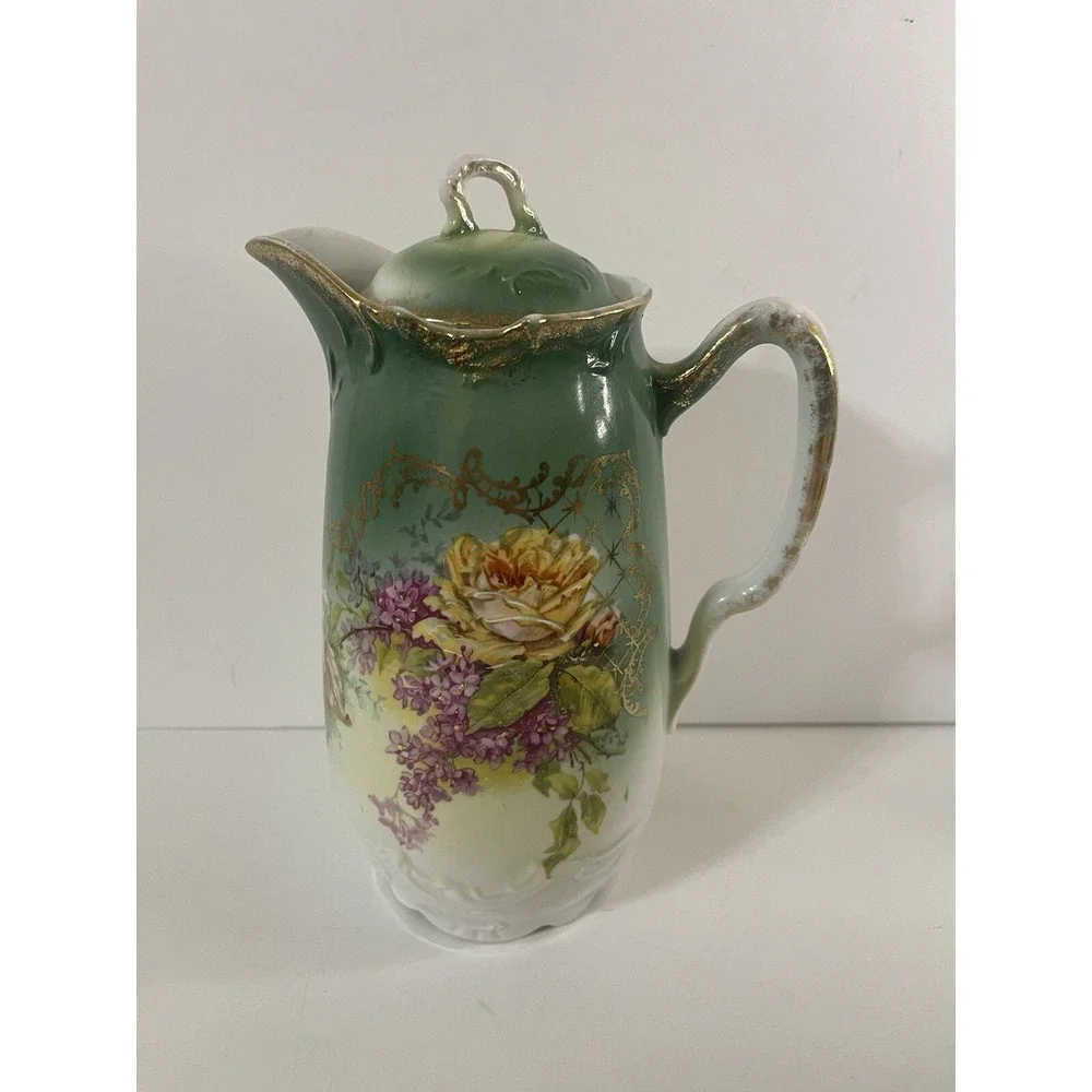 Antique 3‎ Crowns Germany Hand Painted Floral Gold Accents Teapot/pitcher 8